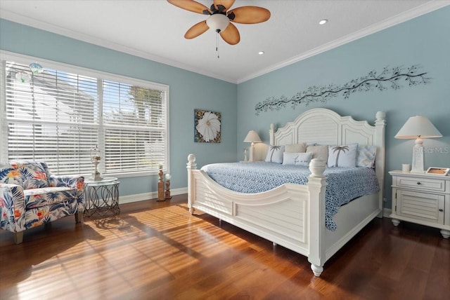 bedroom featuring wood finished floors, baseboards, recessed lighting, ceiling fan, and crown molding