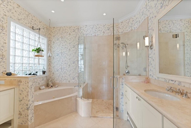 bathroom featuring vanity, wallpapered walls, a stall shower, ornamental molding, and a bath