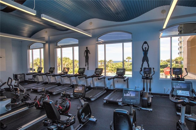 exercise room with lofted ceiling and wood ceiling