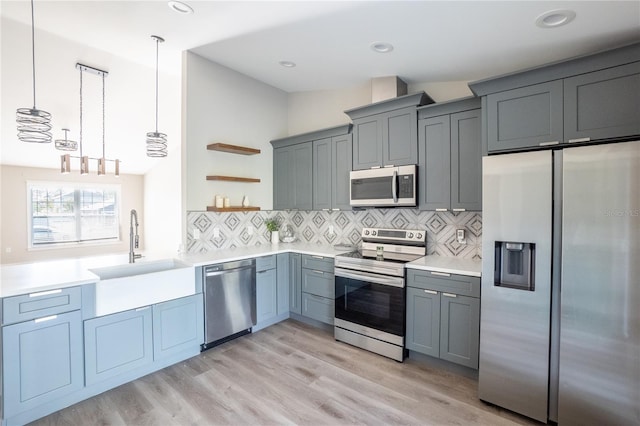 kitchen with light wood finished floors, decorative backsplash, appliances with stainless steel finishes, open shelves, and a sink