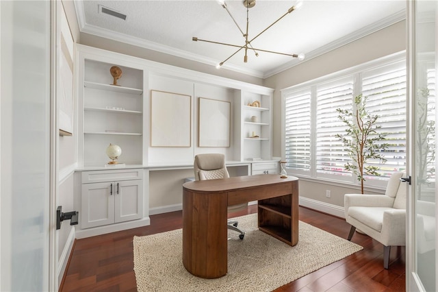 home office featuring visible vents, dark wood finished floors, and ornamental molding