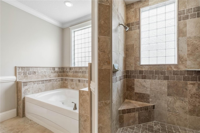 full bathroom featuring a whirlpool tub, a tile shower, and crown molding