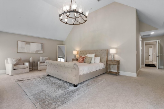 bedroom with high vaulted ceiling, carpet, and baseboards