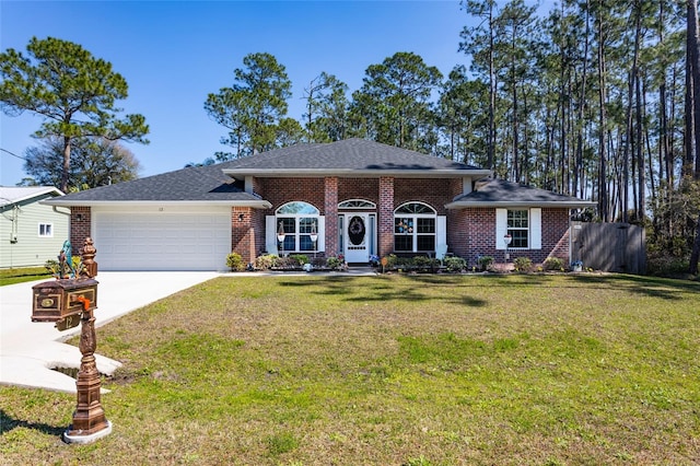 ranch-style home featuring concrete driveway, an attached garage, fence, a front lawn, and brick siding