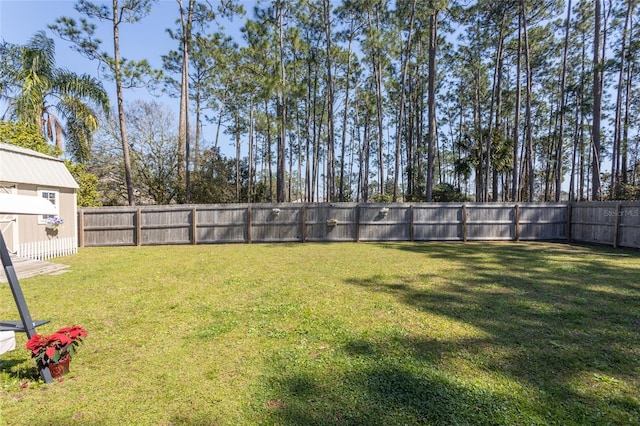 view of yard with an outbuilding, a fenced backyard, and a storage unit