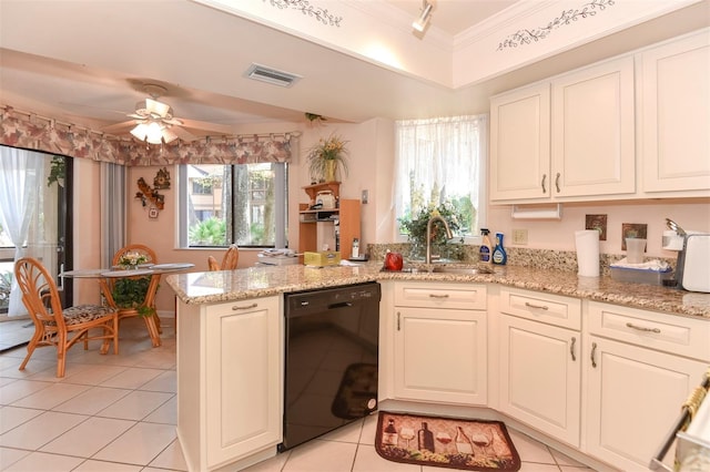 kitchen featuring black dishwasher, light tile patterned floors, visible vents, ornamental molding, and a sink