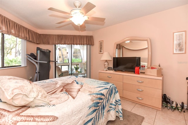 bedroom featuring light tile patterned floors and ceiling fan