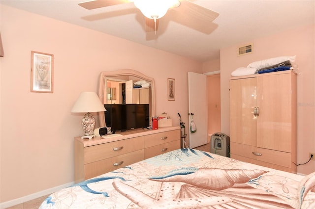 bedroom featuring visible vents, ceiling fan, and baseboards