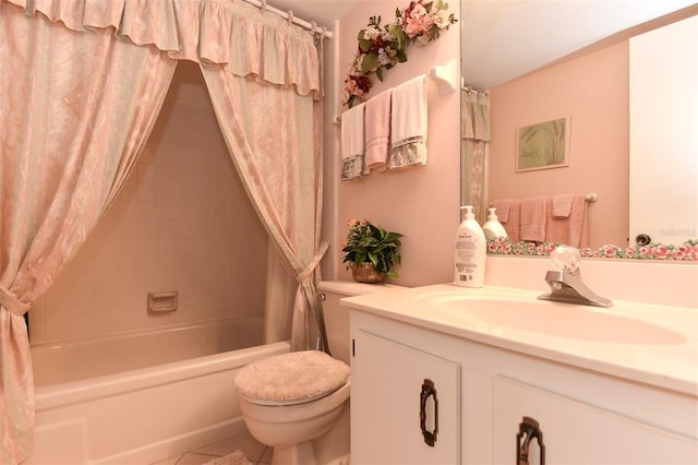 bathroom with toilet, shower / tub combo, tile patterned floors, and vanity