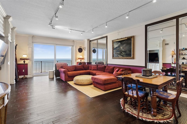 living area with ornamental molding, wood finished floors, a water view, a textured ceiling, and track lighting