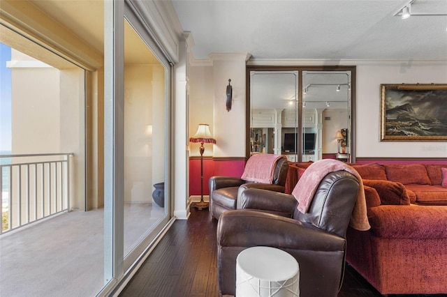 living room featuring crown molding, track lighting, and dark wood-style flooring