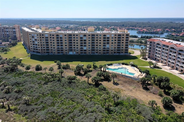 drone / aerial view with a water view