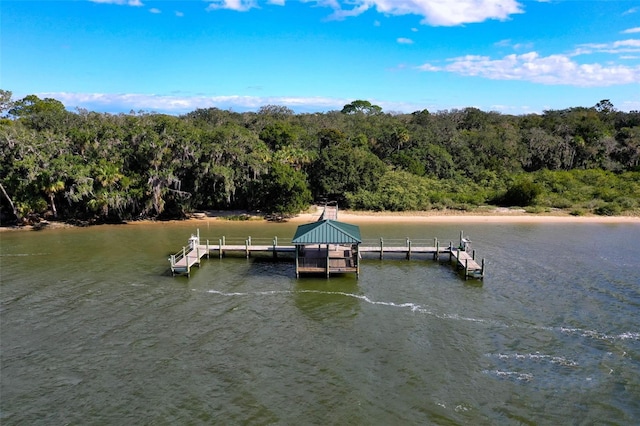 dock area featuring a forest view and a water view