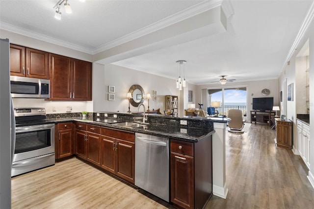 kitchen featuring light wood finished floors, appliances with stainless steel finishes, open floor plan, a peninsula, and a sink