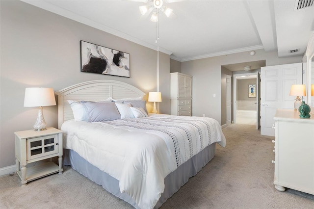 bedroom with ornamental molding, light carpet, visible vents, and baseboards