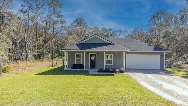 view of front of property featuring a porch, a garage, driveway, roof with shingles, and a front lawn