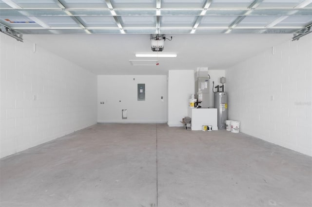 garage featuring electric water heater, heating unit, electric panel, and a garage door opener