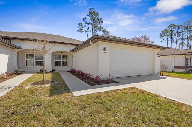 ranch-style house with an attached garage, driveway, a front lawn, and stucco siding