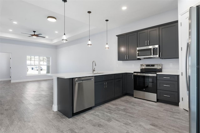 kitchen with a raised ceiling, appliances with stainless steel finishes, open floor plan, a peninsula, and a sink