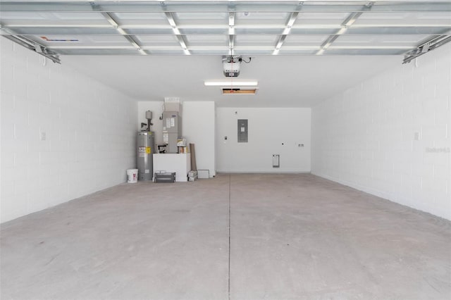 garage featuring heating unit, electric panel, a garage door opener, and electric water heater