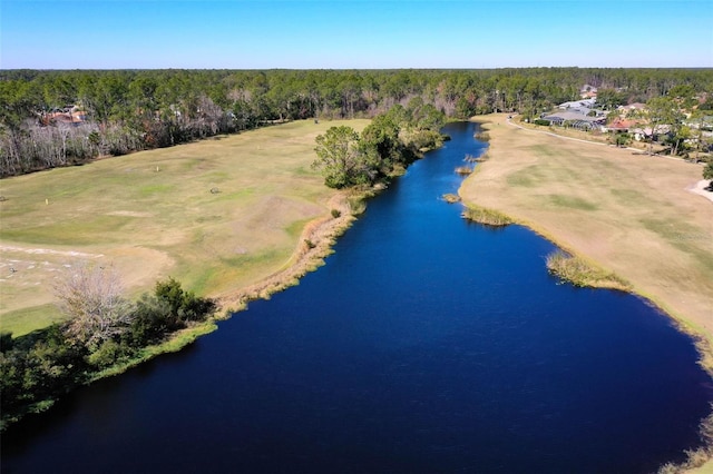 aerial view with a water view and a forest view