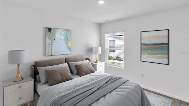 bedroom with carpet floors, recessed lighting, and baseboards