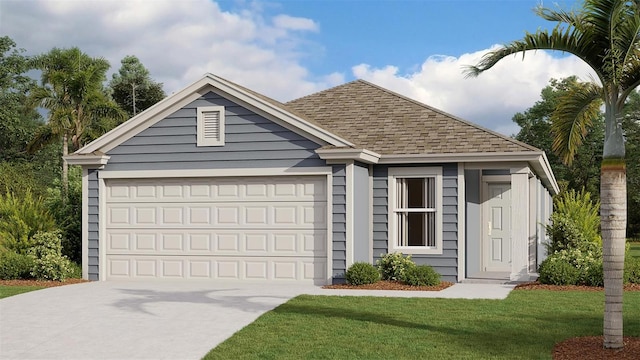 ranch-style house with a garage, driveway, a front lawn, and roof with shingles