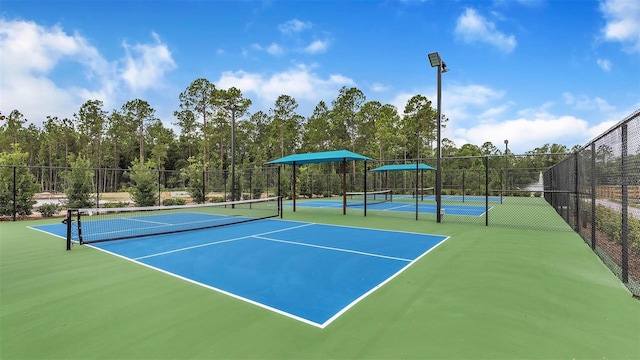 view of tennis court featuring fence