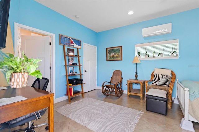 living area featuring light tile patterned floors, baseboards, and a wall unit AC
