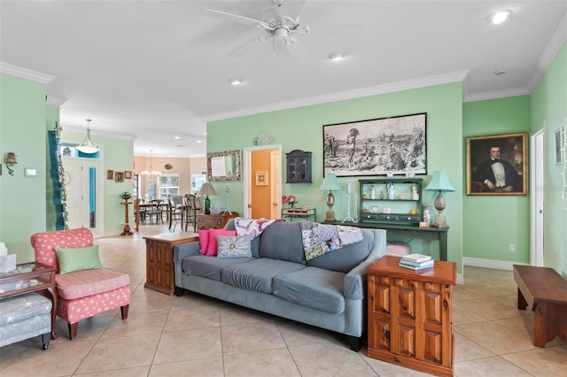 tiled living area with recessed lighting, a ceiling fan, baseboards, and ornamental molding
