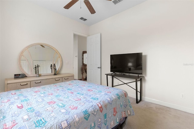 bedroom featuring light carpet, visible vents, ceiling fan, and baseboards