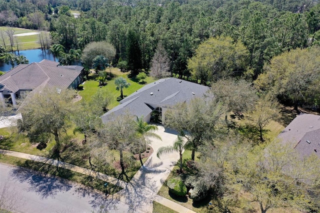 aerial view with a water view and a view of trees