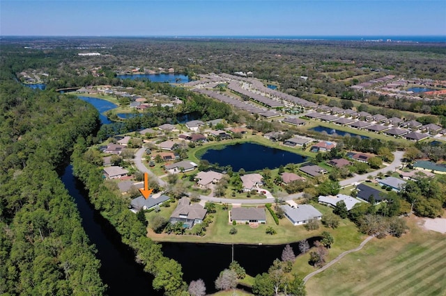 aerial view featuring a residential view and a water view