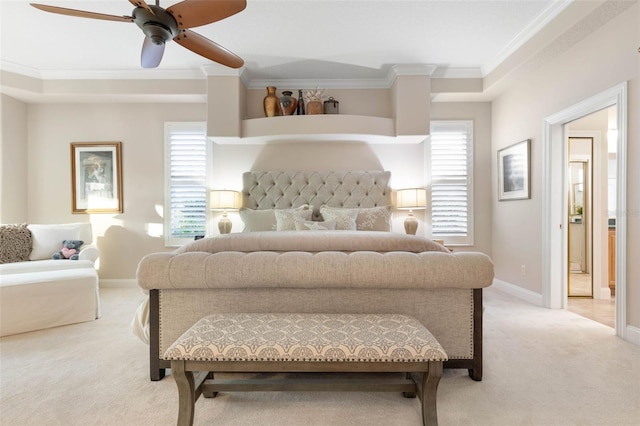 bedroom with ornamental molding, light carpet, baseboards, and a ceiling fan