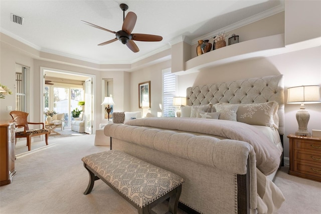 bedroom featuring access to outside, light colored carpet, crown molding, and visible vents