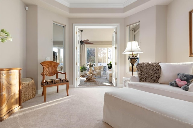 bedroom with access to exterior, crown molding, carpet floors, and baseboards