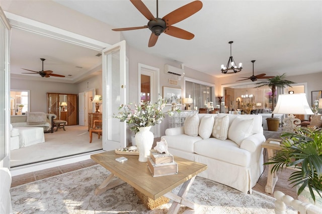 living area with an inviting chandelier and an AC wall unit