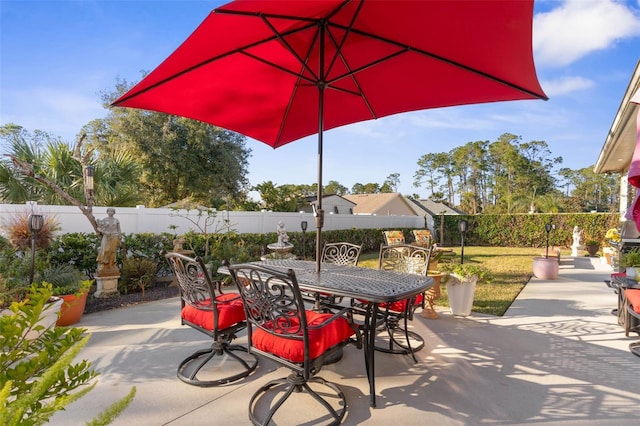 view of patio / terrace featuring a fenced backyard and outdoor dining area