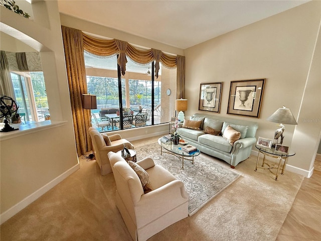 living area featuring baseboards