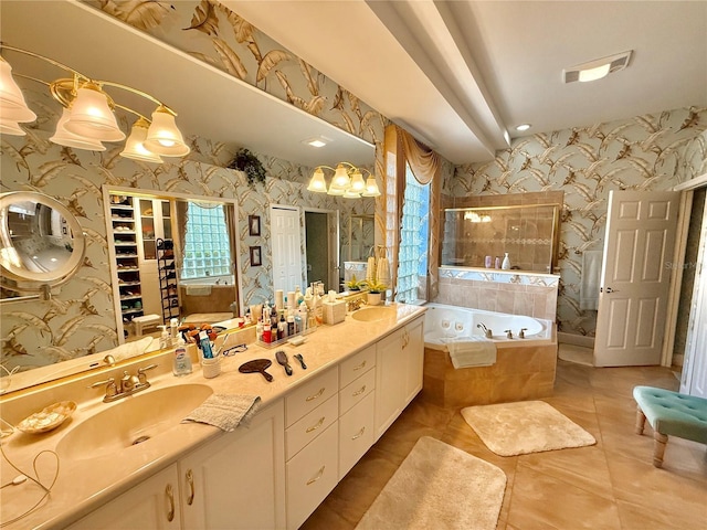 full bathroom with a bath, wallpapered walls, a shower stall, and a sink