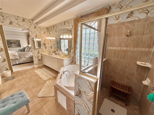 ensuite bathroom with a tile shower, vanity, ensuite bath, a whirlpool tub, and wallpapered walls