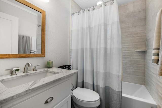 bathroom with toilet, shower / bath combination with curtain, and vanity