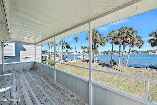 deck featuring a water view