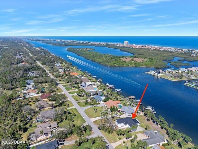 bird's eye view with a water view