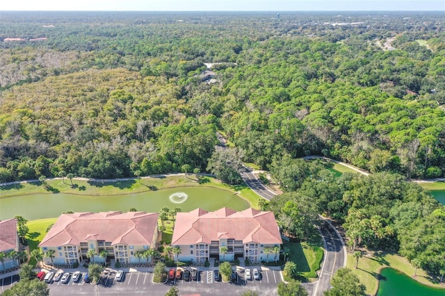 aerial view with a water view and a view of trees