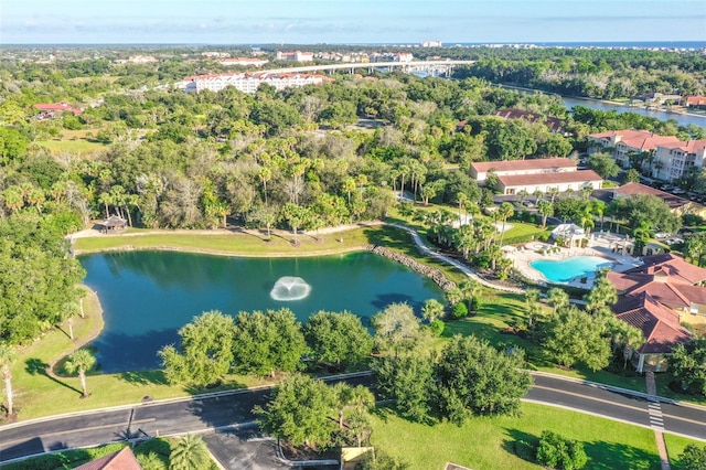 bird's eye view with a water view