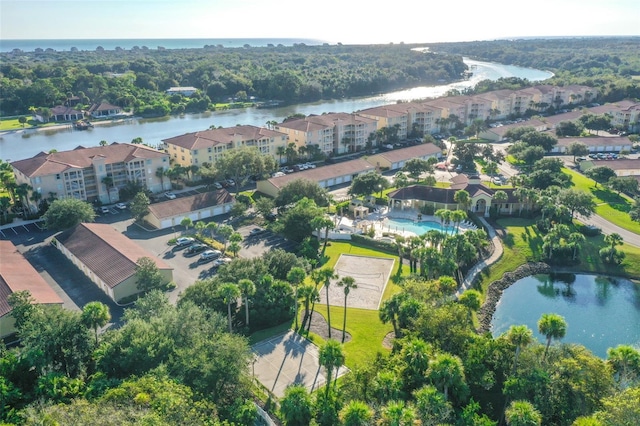 drone / aerial view with a water view