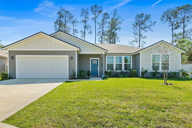 ranch-style house featuring an attached garage, driveway, a front lawn, and board and batten siding