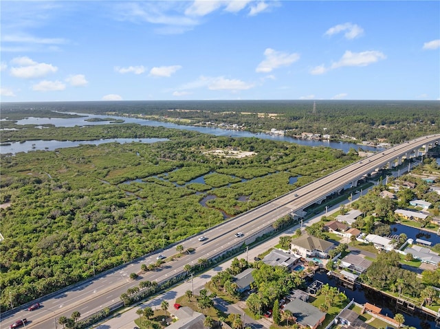 birds eye view of property featuring a water view and a forest view