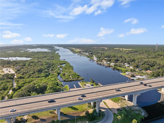 birds eye view of property with a water view and a view of trees